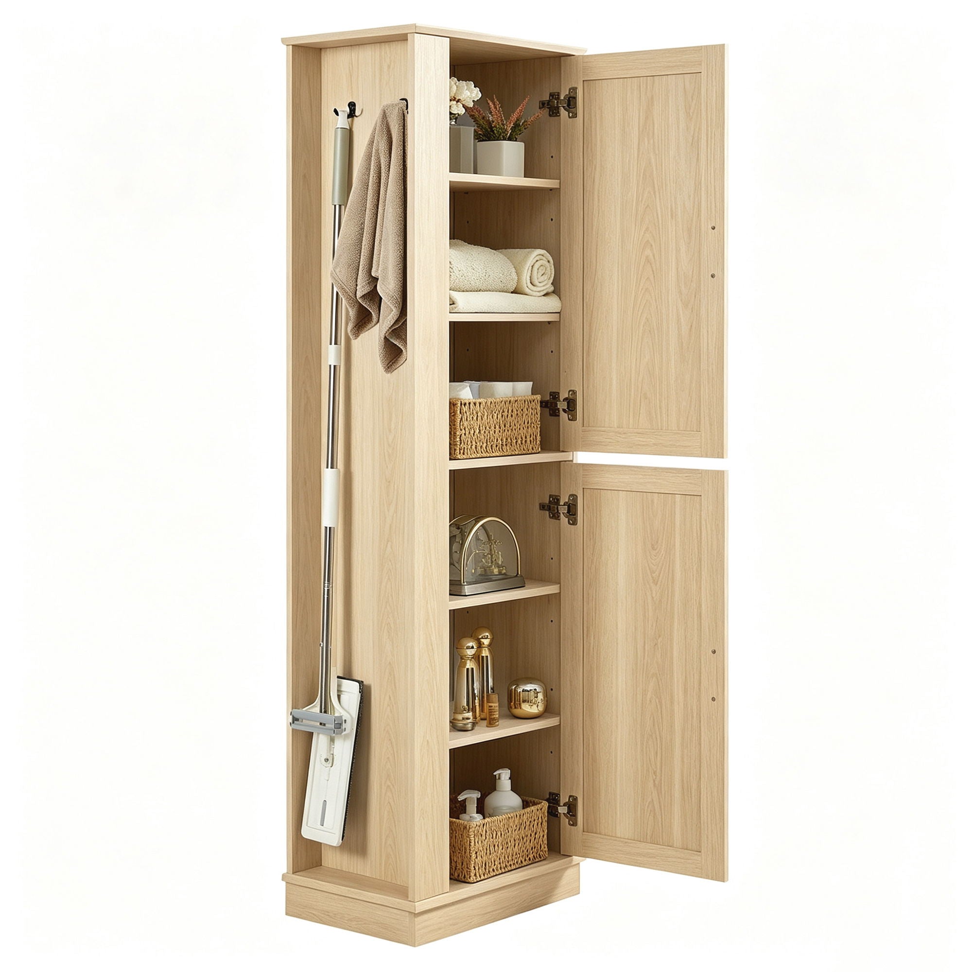 Tall Freestanding Bathroom Storage Cabinet With Adjustable Shelves And Side Hooks