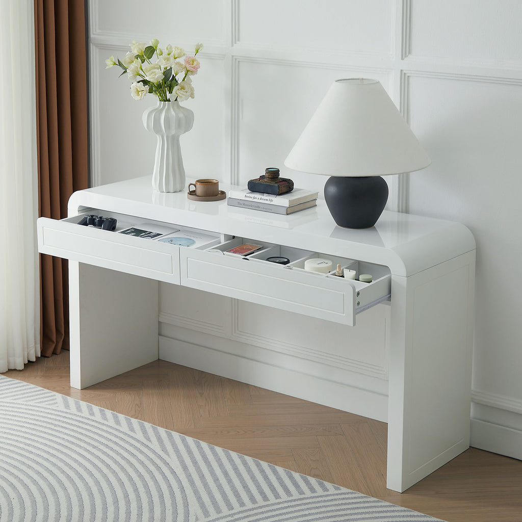 Curved Console Table With Storage, 2 Drawers - White