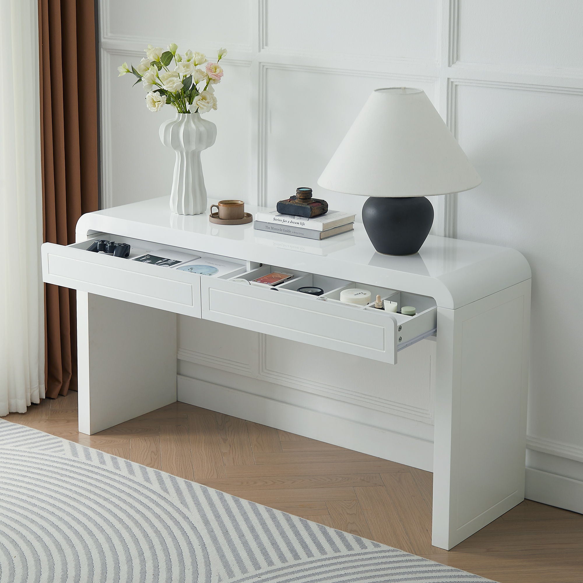Curved Console Table With Storage, 2 Drawers - White