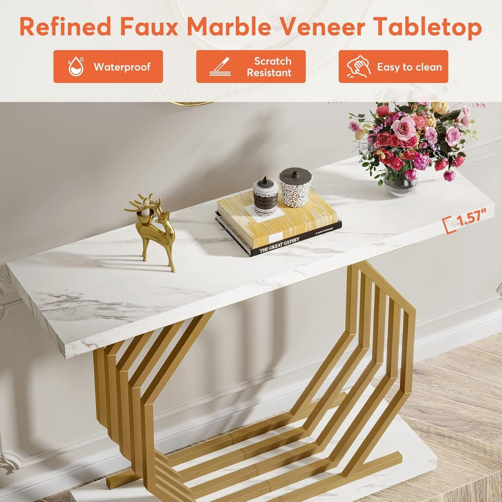 Accent Entryway Console Table With Geometric Bas For Living Hallway - White / Gold