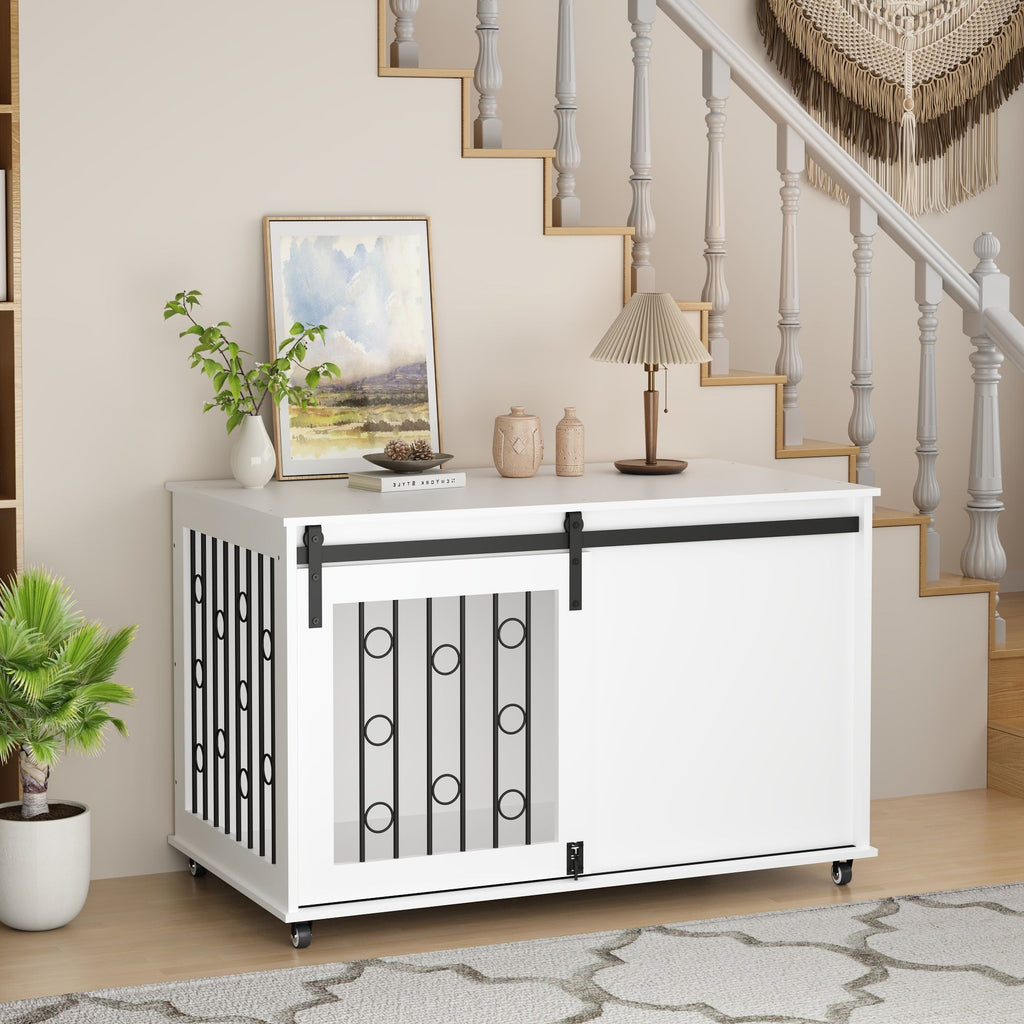Dog Crate With Sliding Barn Door And Side Access, Lockable Wheels For Small To Medium Dogs - White