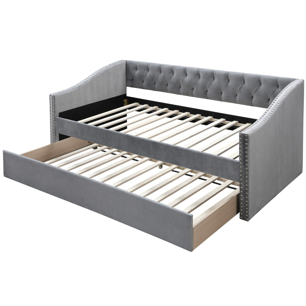 Daybed With Button Tufted Nailhead Trim And Trundle Slat Storage - Gray