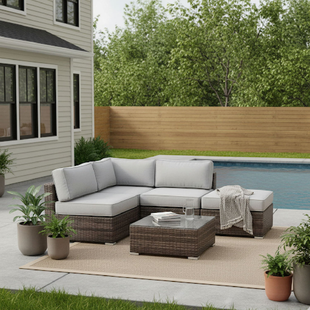 Wicker 3 Piece Seating Group With Plush Cushions, Sofa, Ottoman, And Glass Coffee Table - Brown