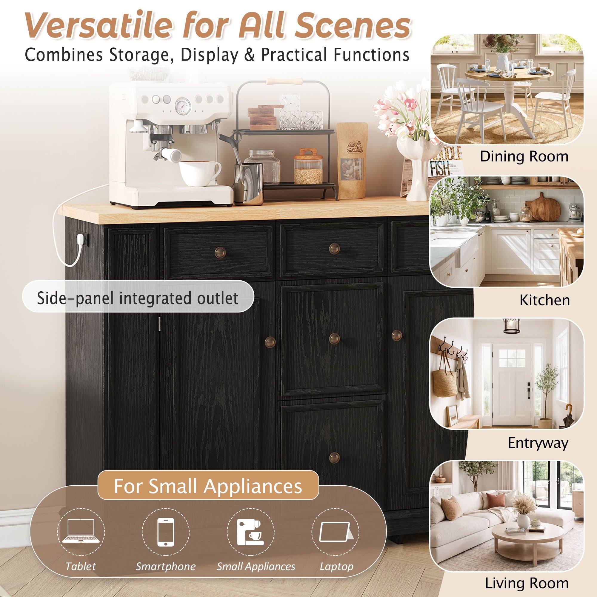 Sideboard Buffet Cabinet With 5 Drawers, 2 Cabinets, Adjustable Shelves