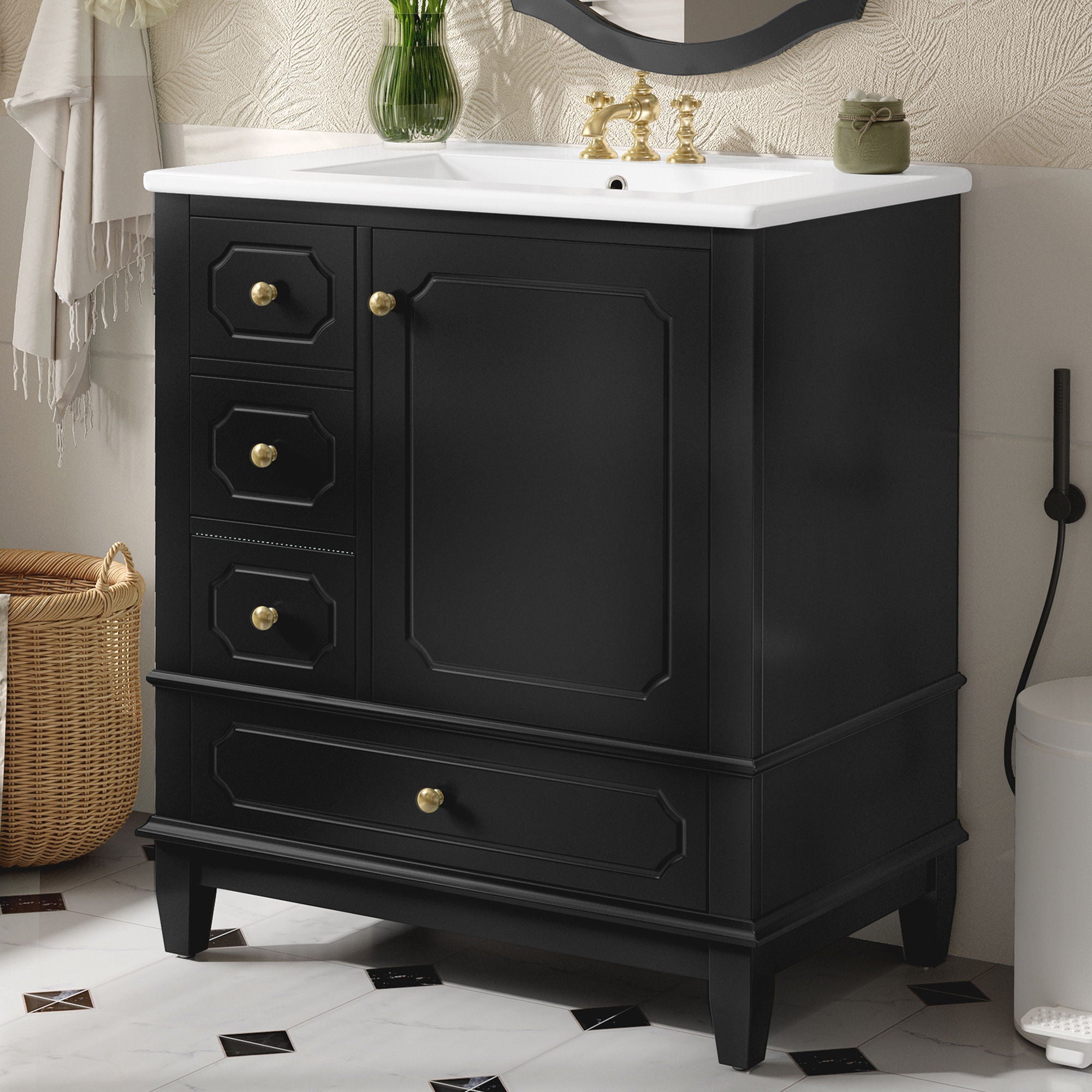 Bathroom Vanity With Sink, Freestanding Vanity Cabinet With Ceramic Basin, Soft Close Door, 3 Drawers