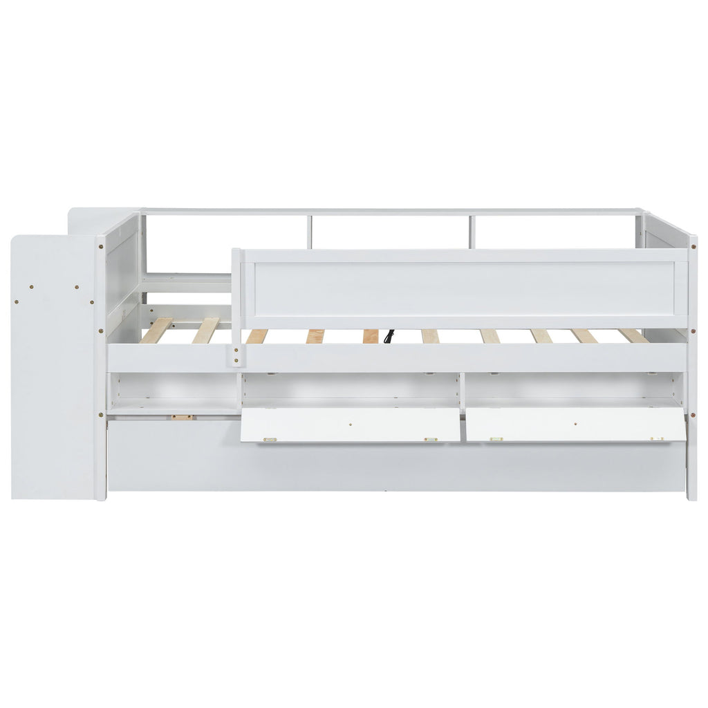 Twin Daybed With Drawers, Trundle, Headboard Storage, Study Desk, And USB Charging Station - White