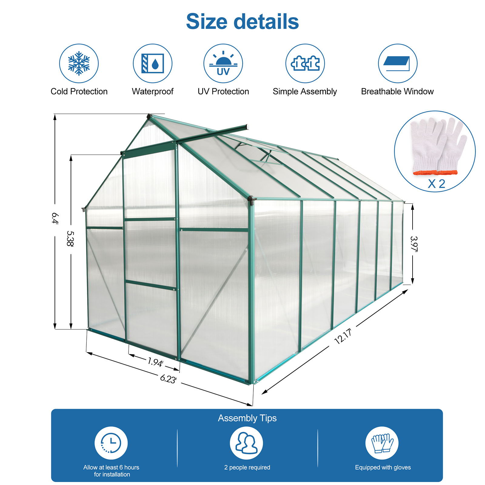 Polycarbonate house Raised Base And Anchor Aluminum Heavy Duty Walk-In houses For Outdoor Backyard In All Season