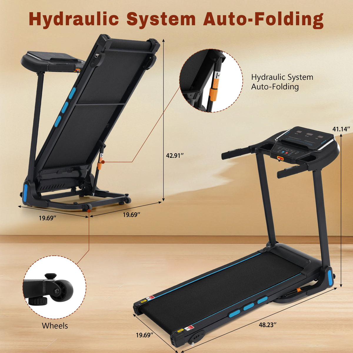 3.5Hp Hydraulic System Auto Foldable Treadmill With Incline, Heart Rate Sensors, Type C & USB Charge, Bluetooth Speaker - Black