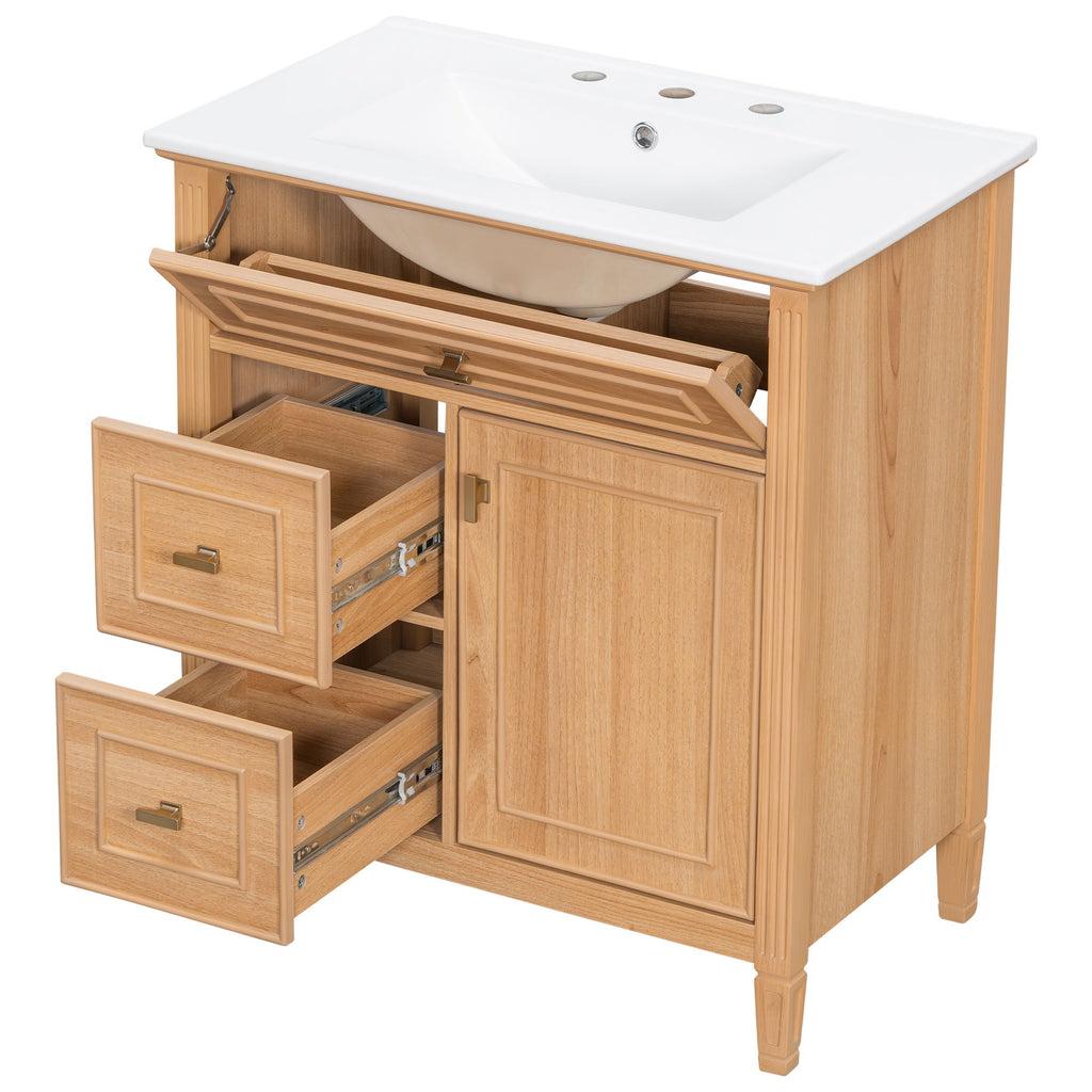 Bathroom Vanity With Sink, Flip Drawer & Adjustable Shelf - Natural