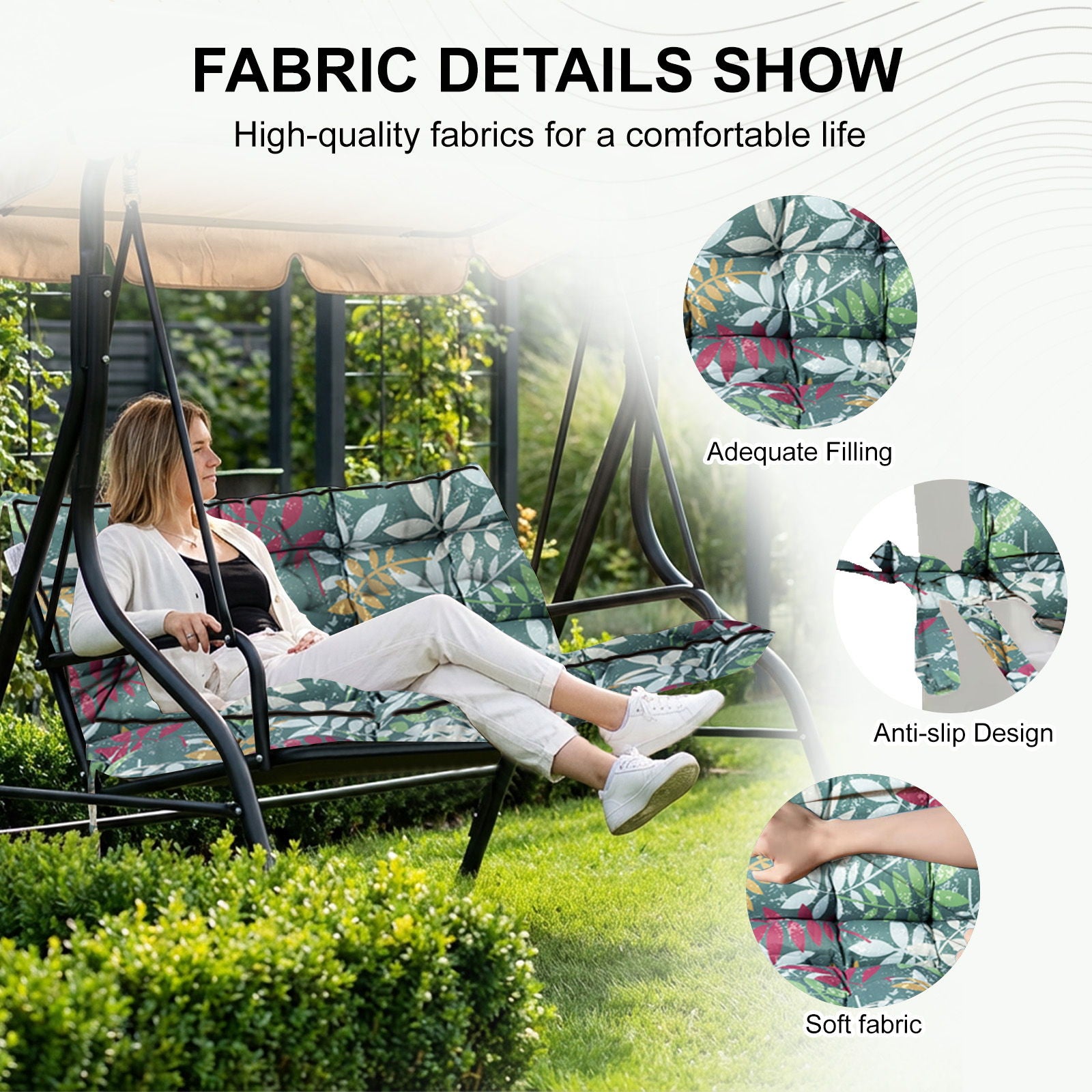 3 Seater Outdoor Porch Swing Cushion With Backrest, Patio Bench Cushion - flower