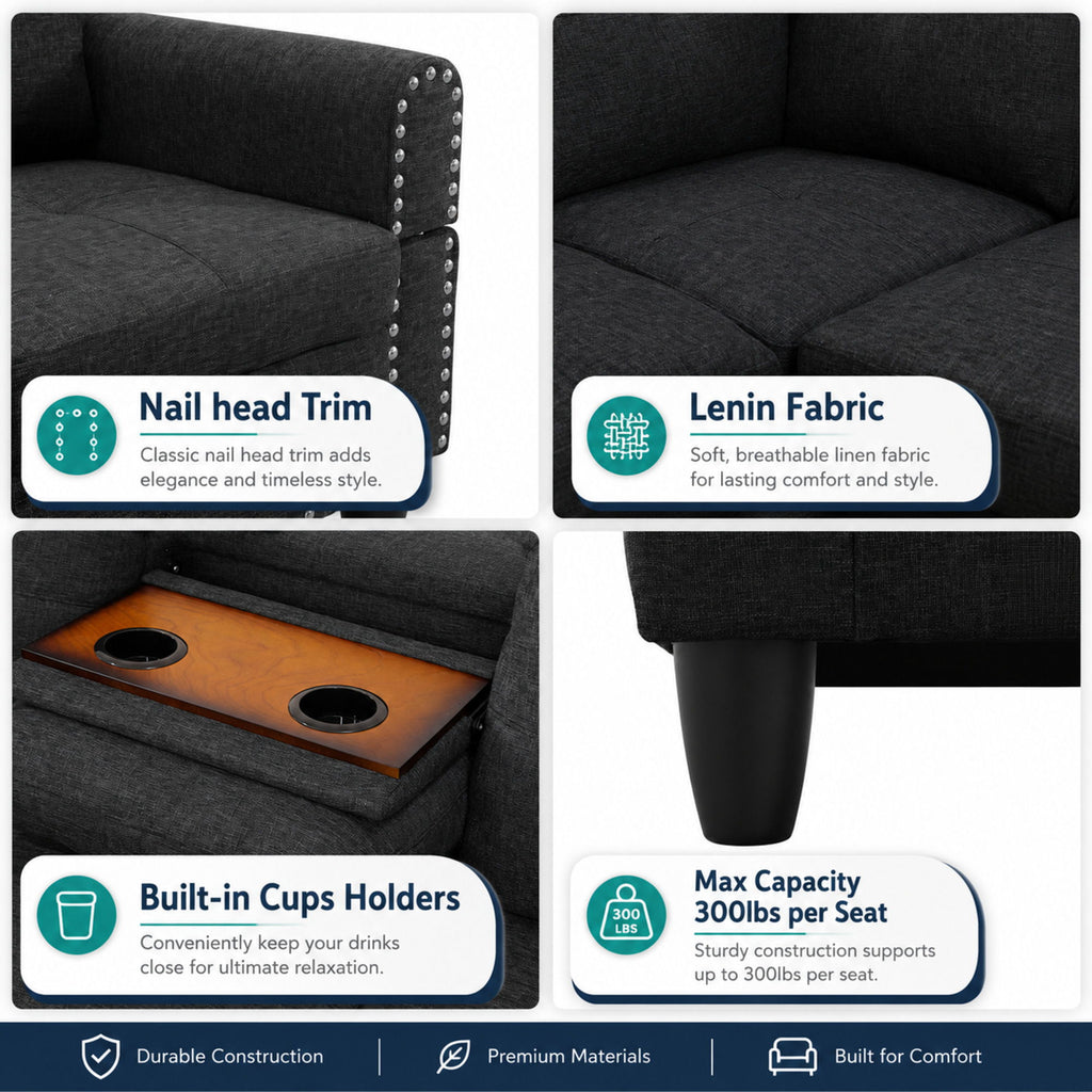 L - Shaped 3 Piece Sectional Sofa With Chaise, Storage Ottoman & Cup Holders