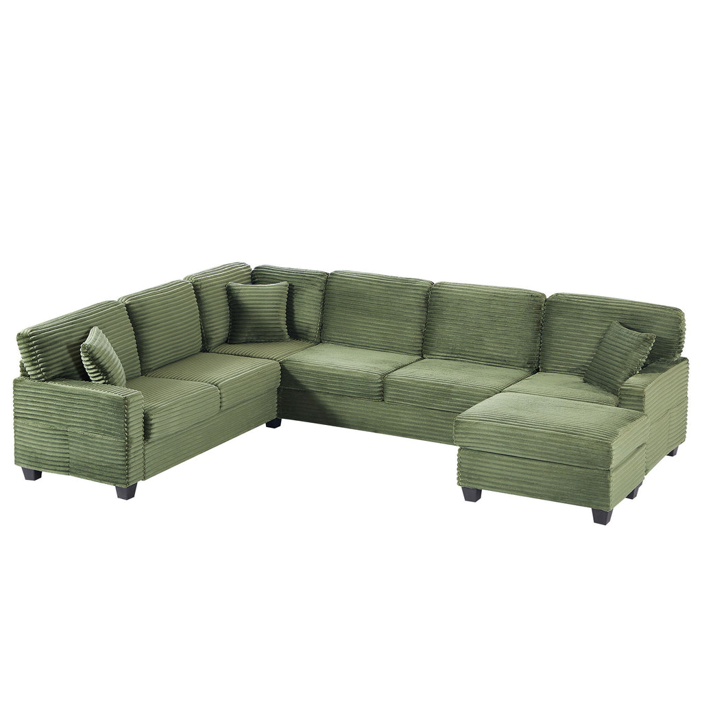 Upholstered U-Shaped Sectional Sofa With Movable Ottoman And Side Storage Pockets