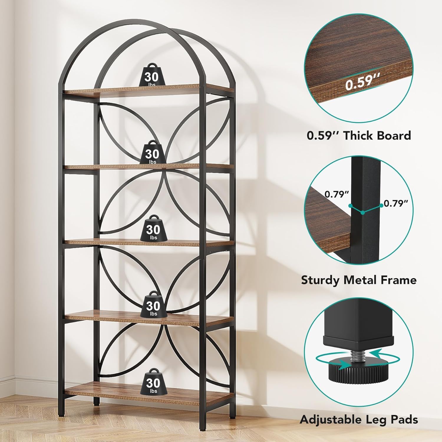 Tall 5 Tier Arched Bookshelf With Shelves For Living Room - Rustic Brown