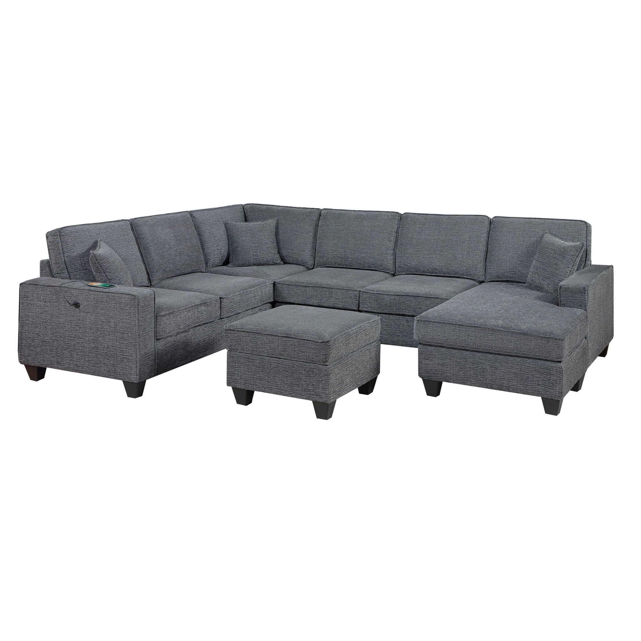 5 Piece Sectional Set Left Arm Loveseat With USB Port Corner Wedge Ottoman Armless Chair Right Arm Loveseat With Chaise - Gray / Slate