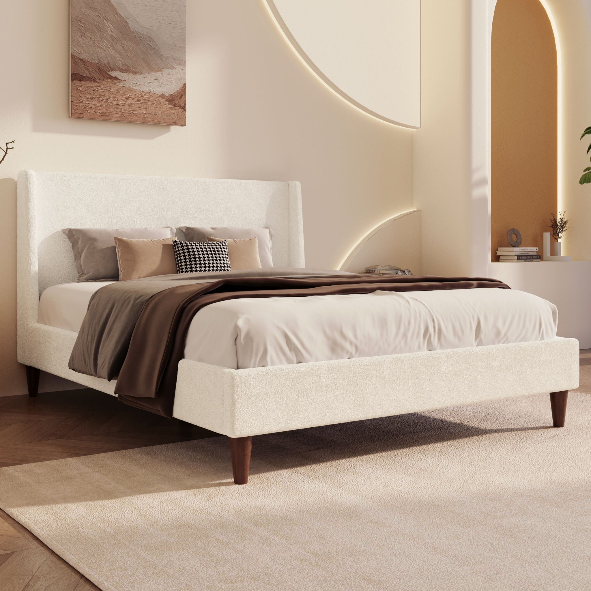 Upholstered Modern Platform Bed With Wingback Headboard