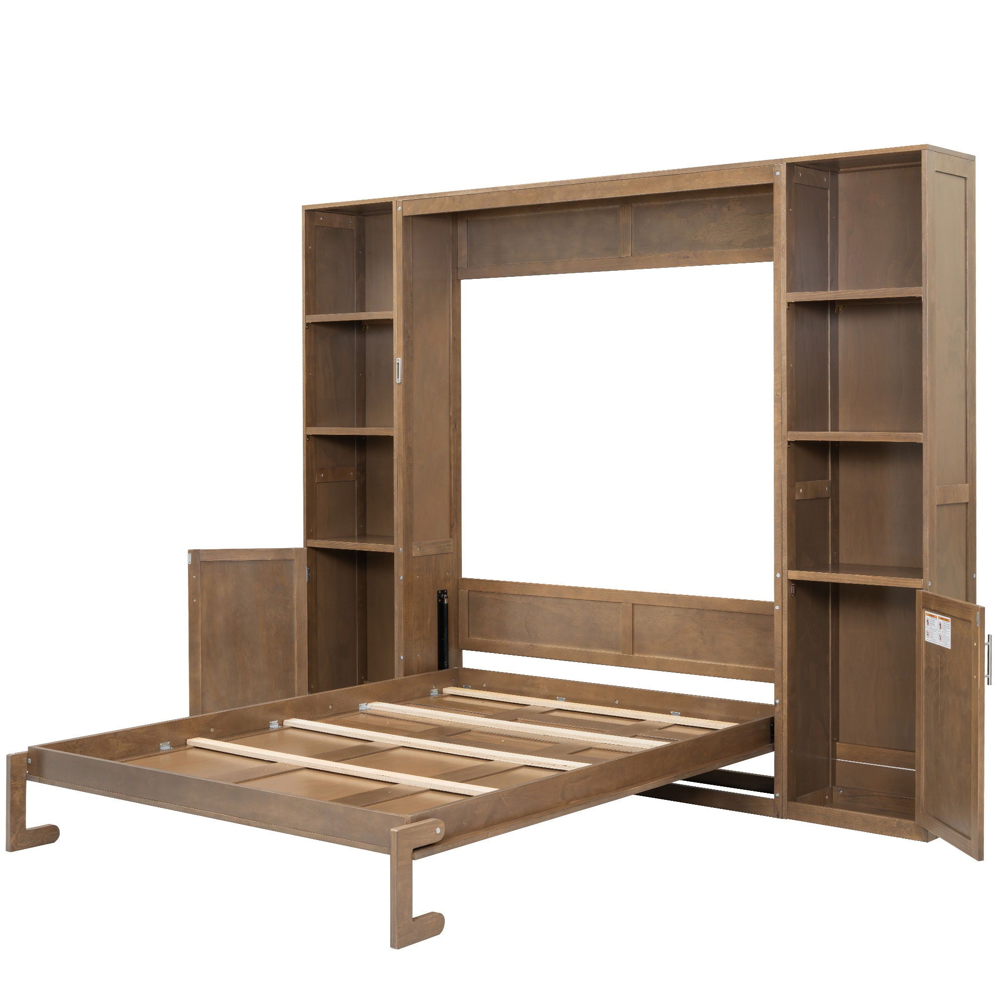 Queen Size Murphy Bed With Storage Shelves And Cabinets - Wood