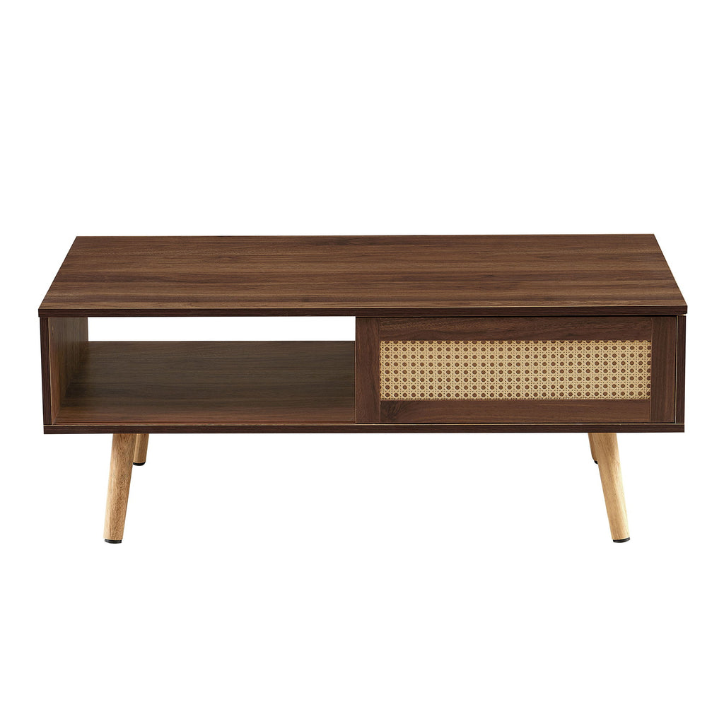 41.34" Rattan Coffee Table, Sliding Door For Storage, Solid Wood Legs, Modern Table For Living Room