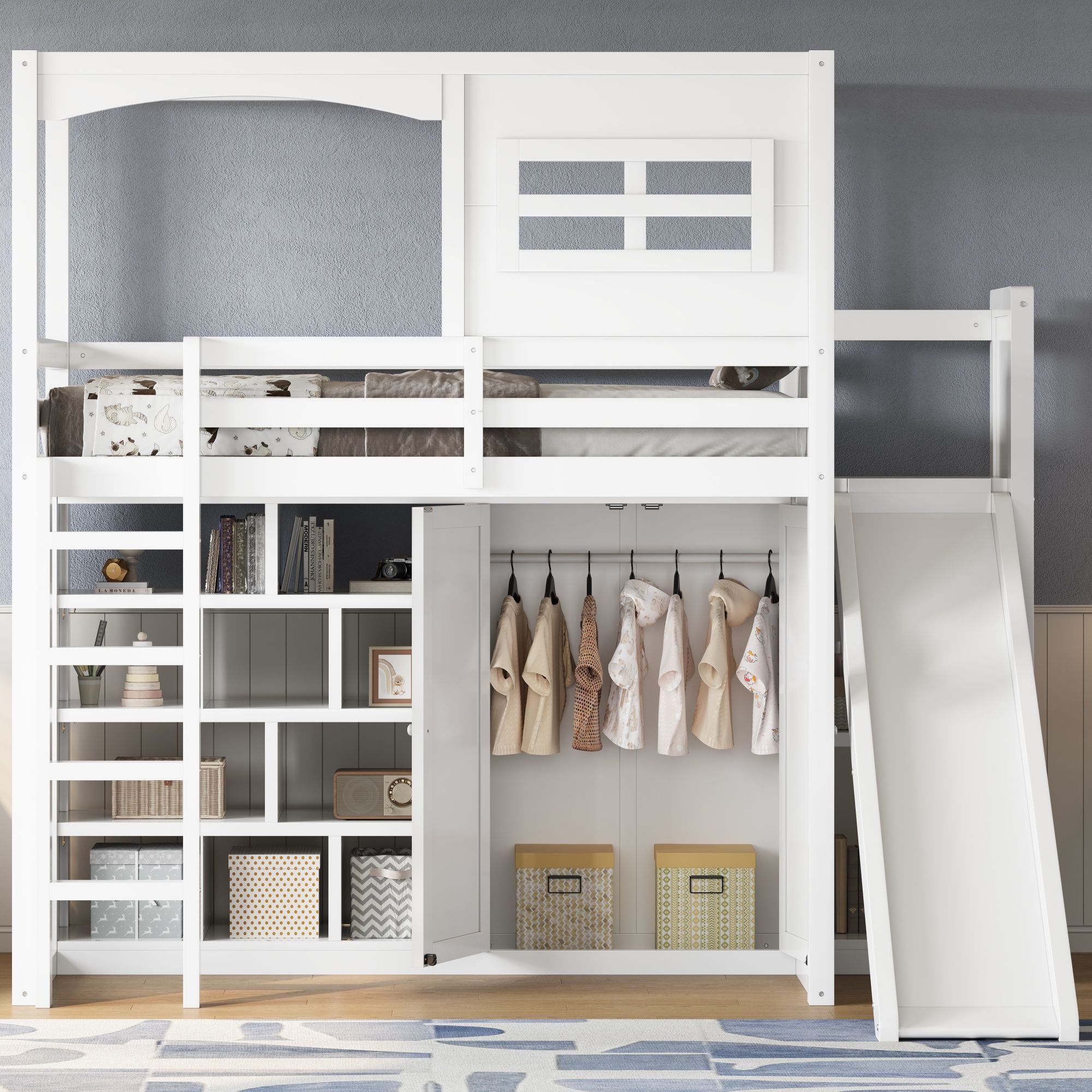 Twin Size Loft Bed With Wardrobe, Storage Shelves, Slide And LED - White