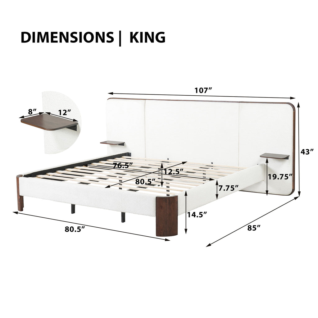 King Upholstered Platform Bed Frame With Curved Headboard, Built-In Floating Shelves, Wood Slats And Metal Support - White & Brown