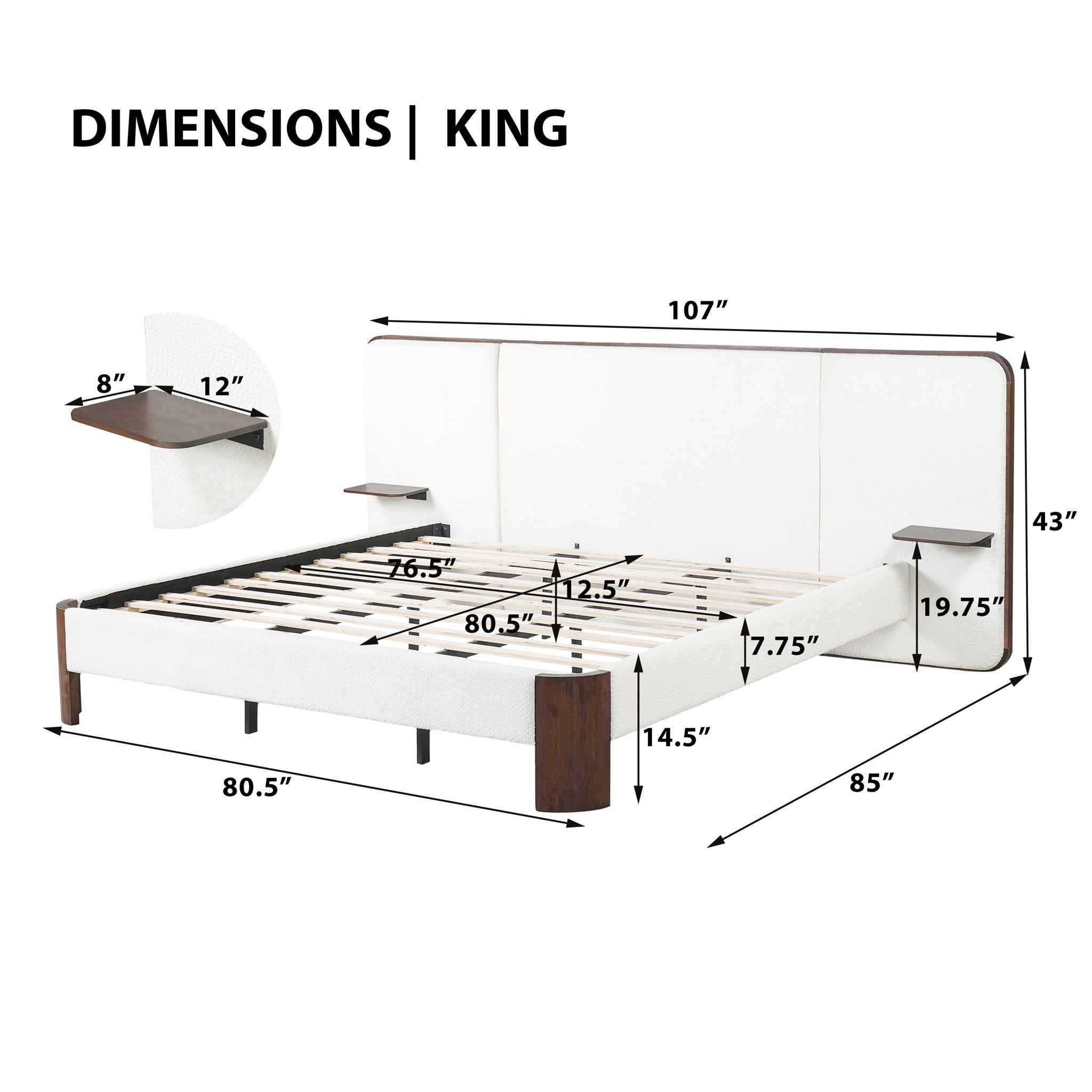 King Upholstered Platform Bed Frame With Curved Headboard, Built-In Floating Shelves, Wood Slats And Metal Support - White & Brown