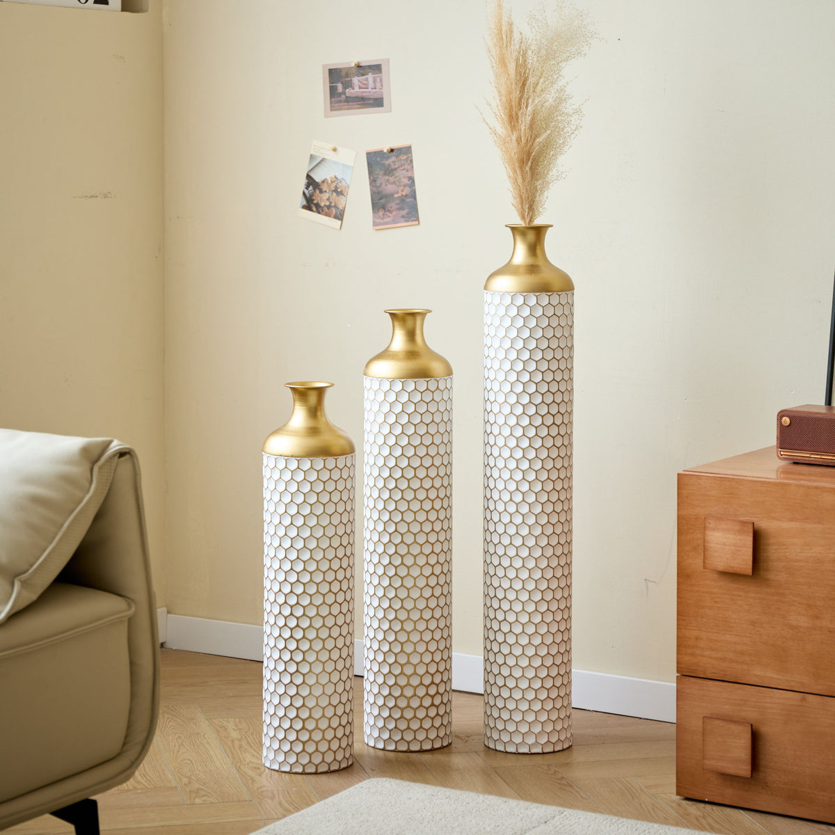 3 Piece Set Gorgeous Home Decoration Large Glazed Floor Vase Decoration Home Droplet Shaped - Gold / White