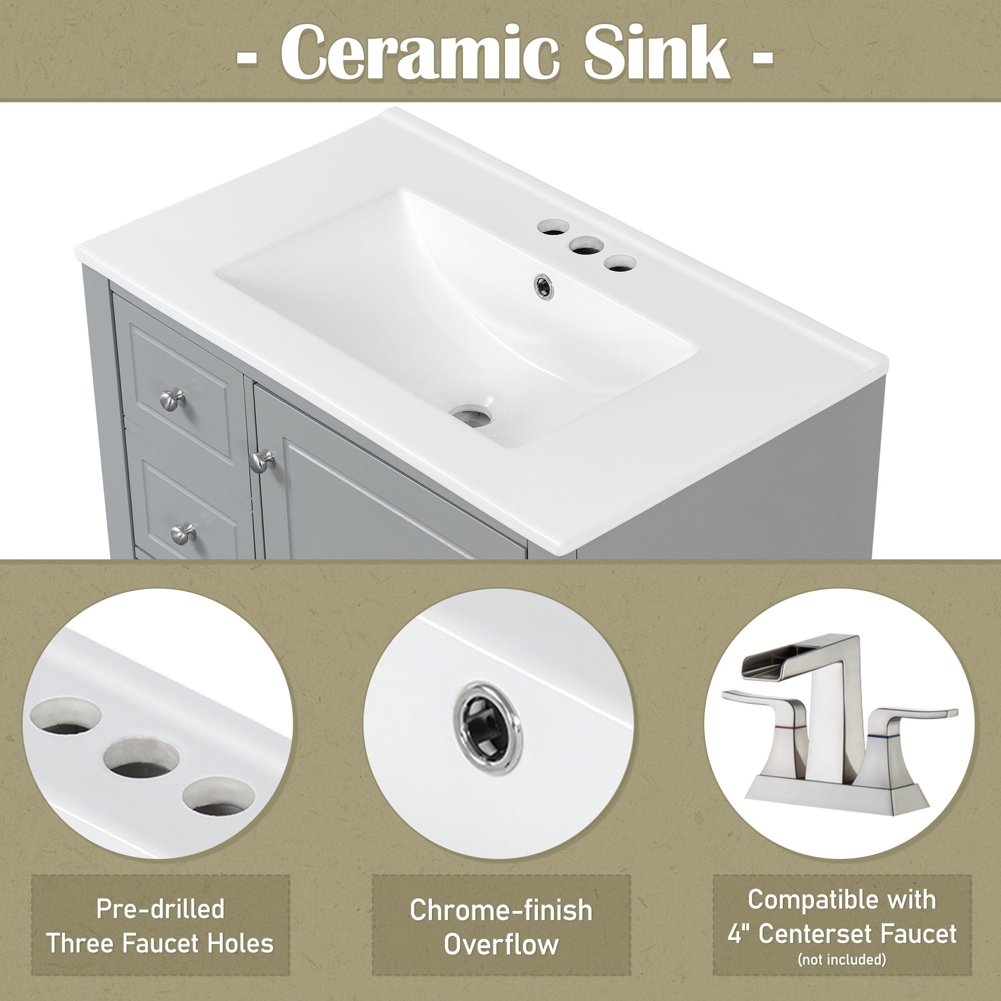Freestanding Bathroom Vanity With Sink, Soft Close Door, 3 Drawers