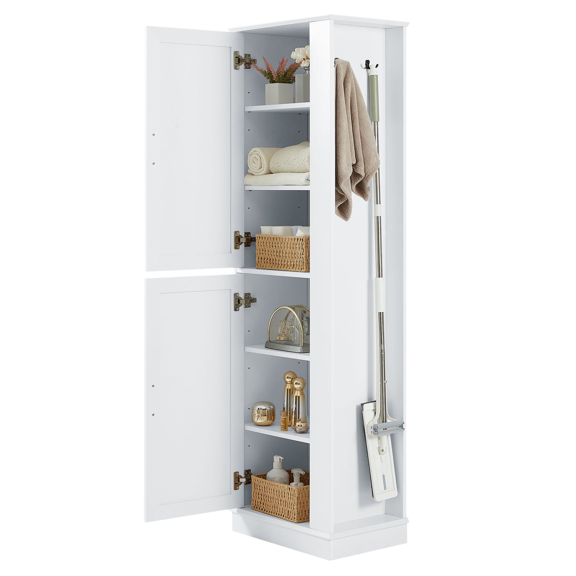 Tall Freestanding Bathroom Storage Cabinet With Adjustable Shelves And Side Hooks