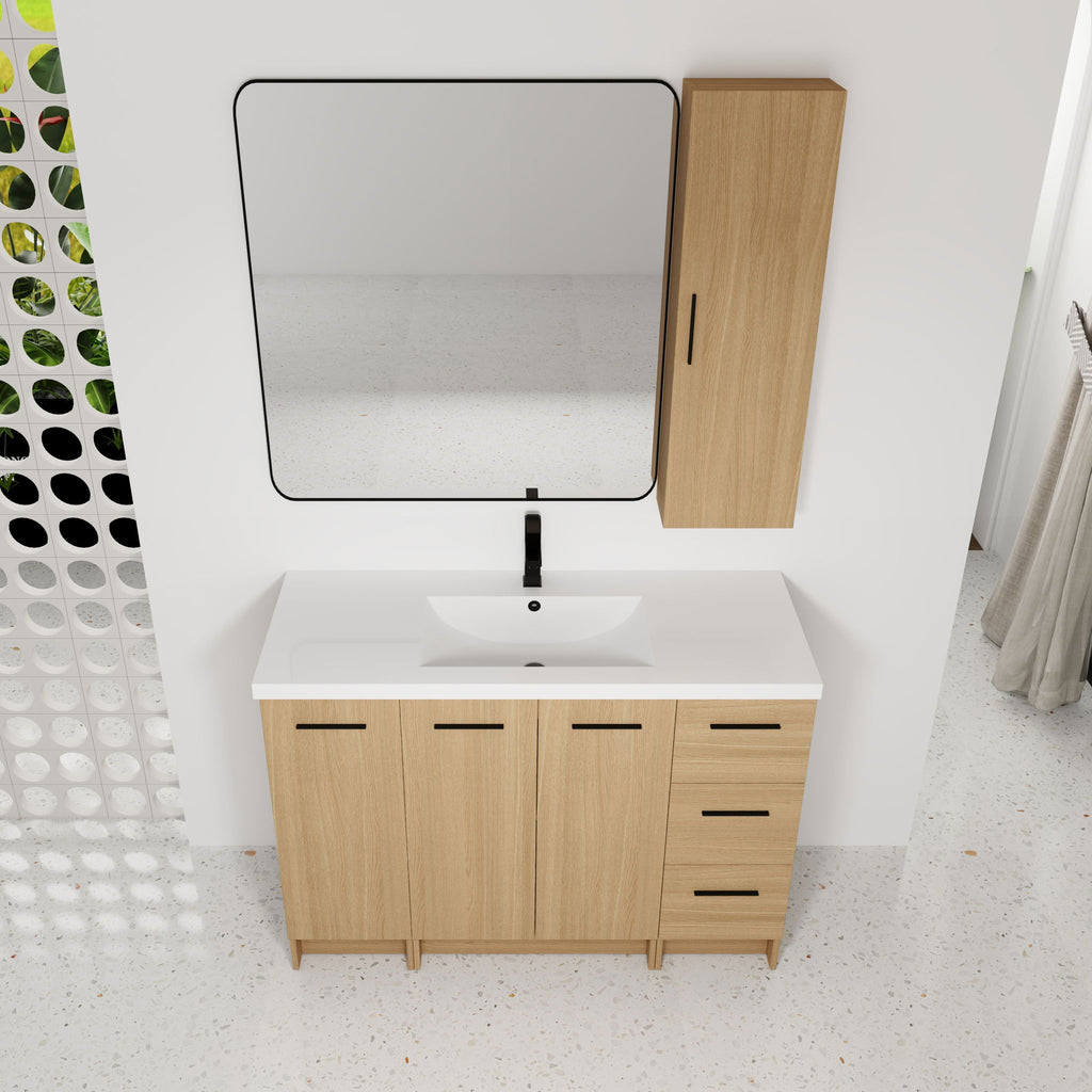 Freestanding Bathroom Vanity Set With Tall Side Cabinet, 3 Drawers And 3 Door Cabinet, Integrated Sink, Large Storage - Glossy White / Light Oak