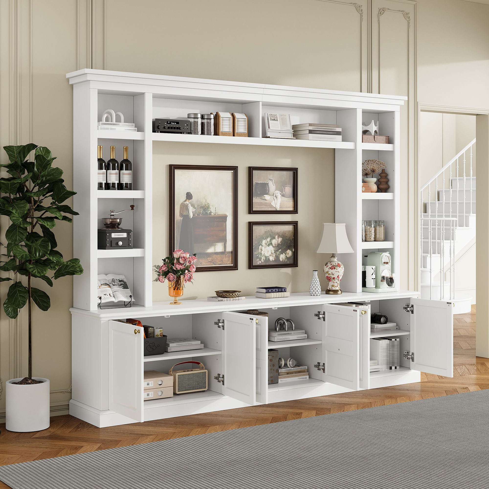 TV Stand With Bookcase, Storage Cabinet With 3 Adjustable Shelves, Living Room Entertainment Center - White