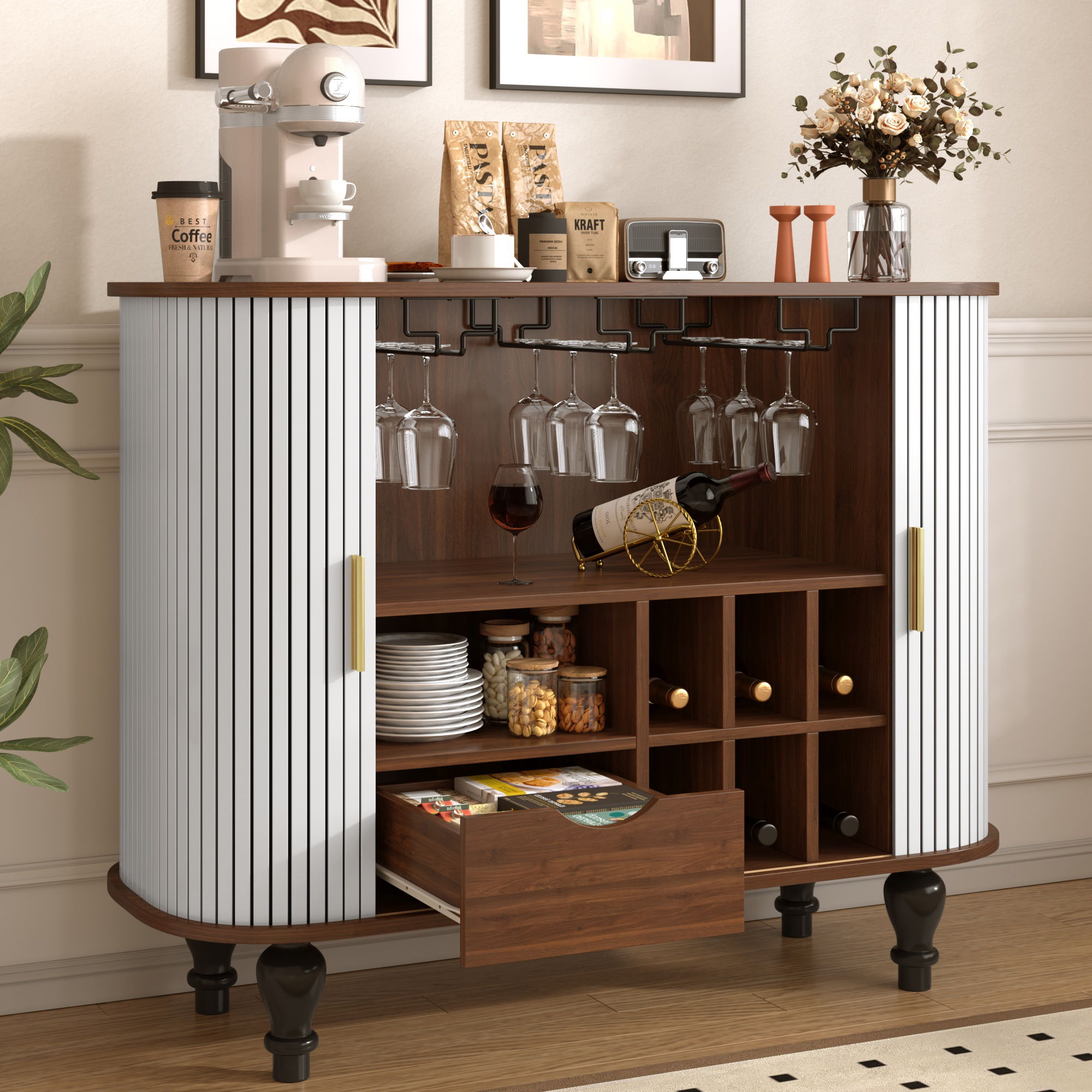 Fluted Liquor & Coffee Bar Cabinet With 6 Wine Racks And 3 Glass Holders