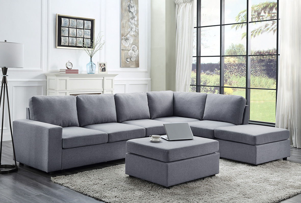 Cassia - 7 Seat Reversible Modular Sectional Sofa With Ottoman - Light Gray