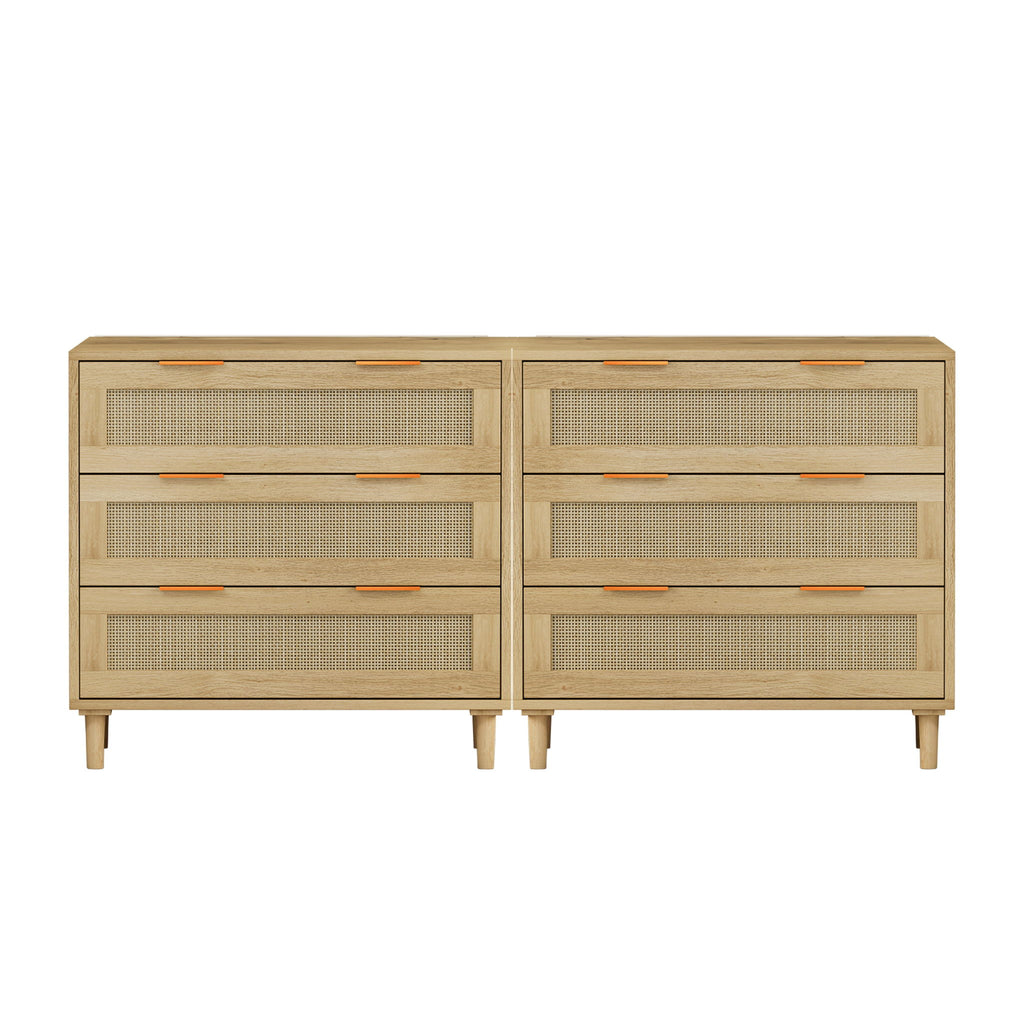 3 Drawers Rattan Storage Cabinet Rattan Drawer, For Bedroom, Living Room, Dining Room, Hallways (Set of 2) - Oak