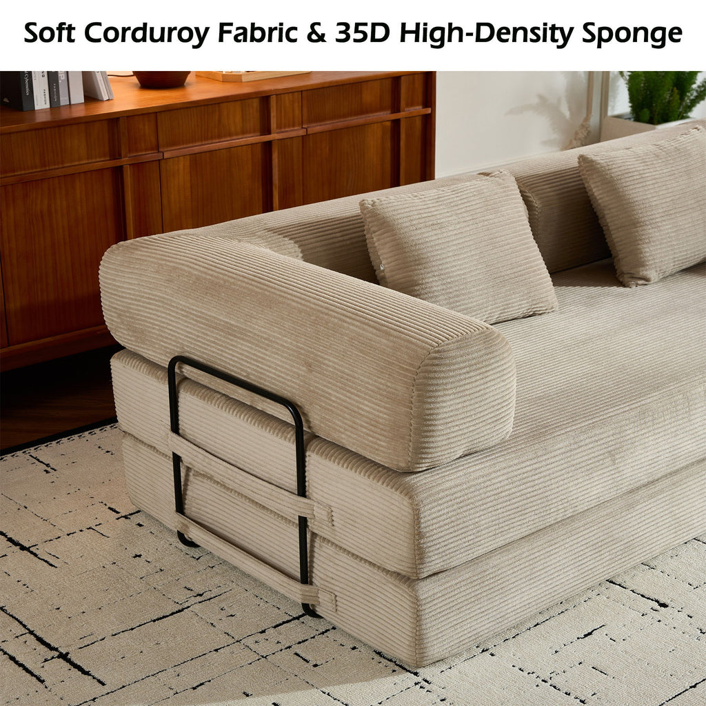 Convertible Sleeper Sofa Bed With Cylindrical Pillow, With Fixed Shape Frame