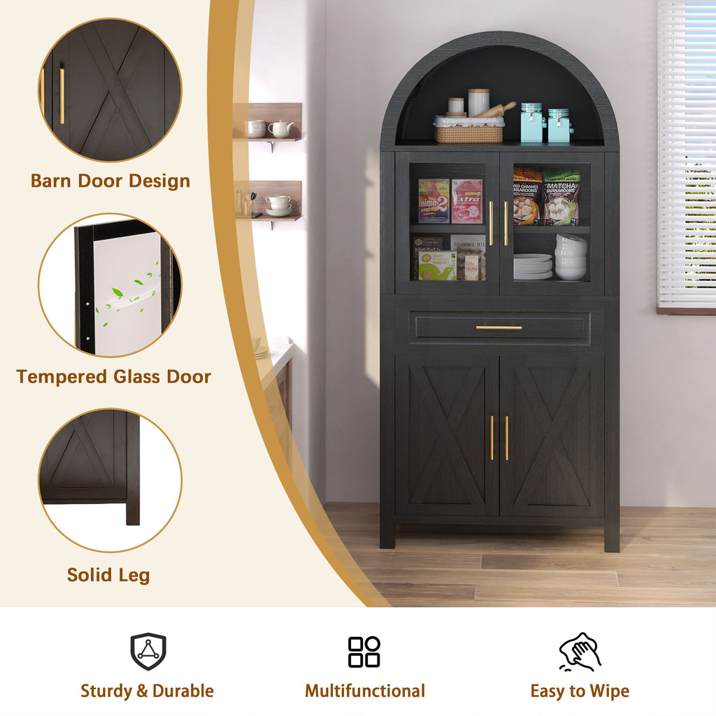 Arched Kitchen Pantry Cabinet With Adjustable Shelves And Barn Door Design