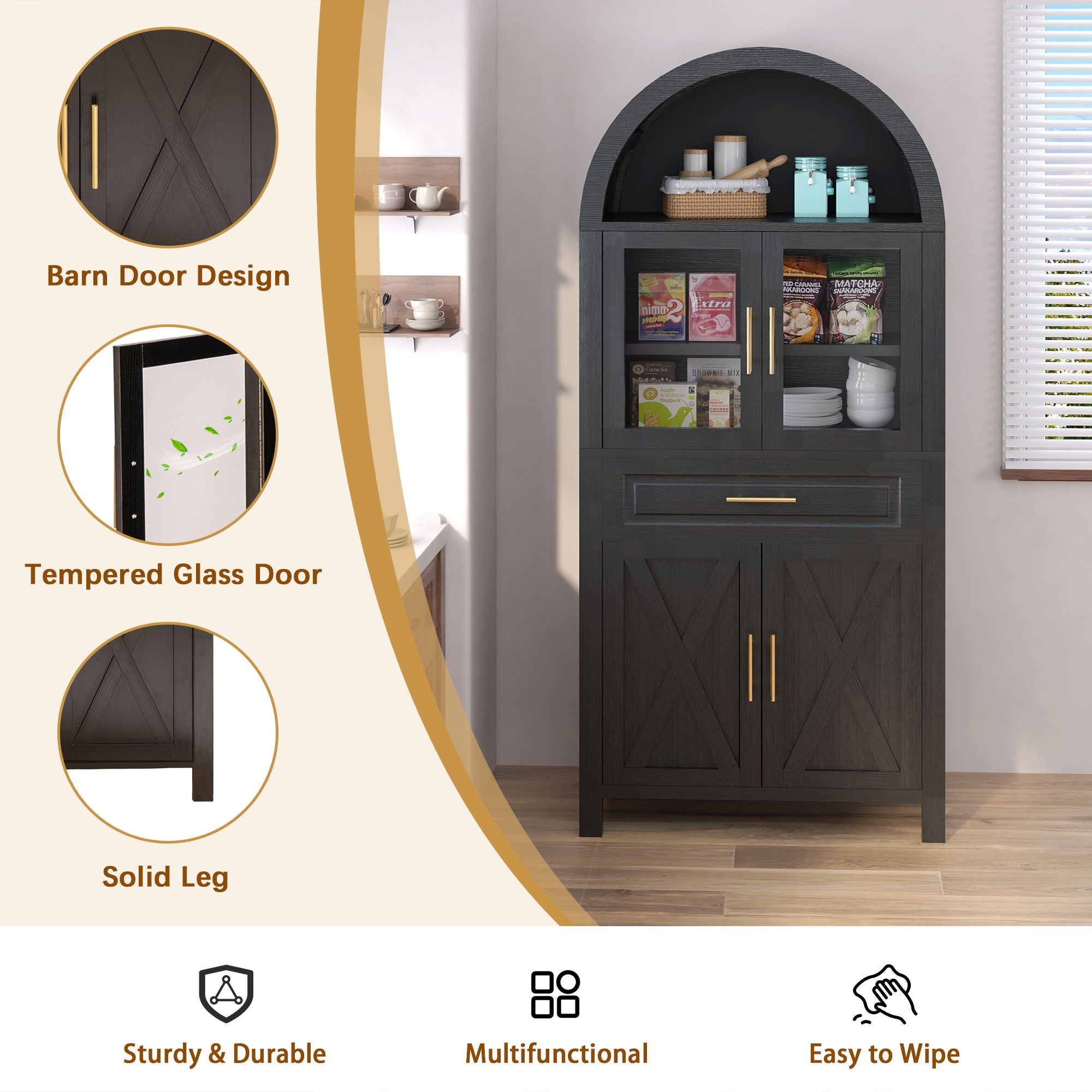 Arched Kitchen Pantry Cabinet With Adjustable Shelves And Barn Door Design