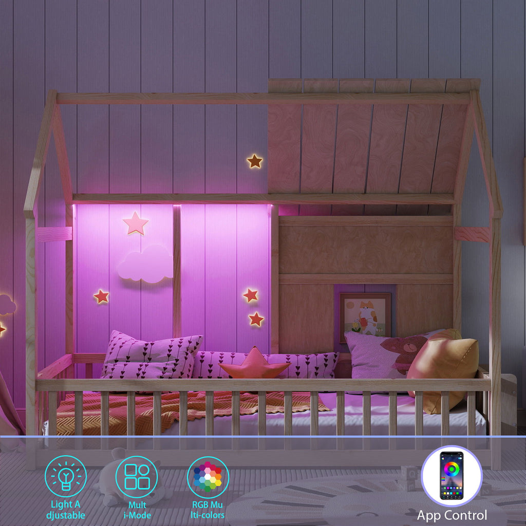 House Floor Bed With 7 Color LED Light, Built In Bookshelf