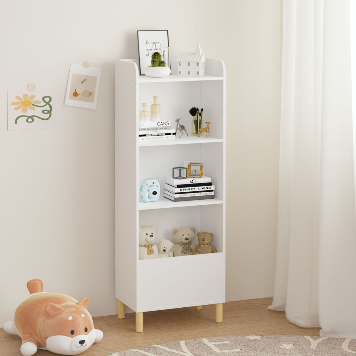 4 Tier Bookcase, Book Display With Safety Restraint, Storage Cabinet For Playroom - White