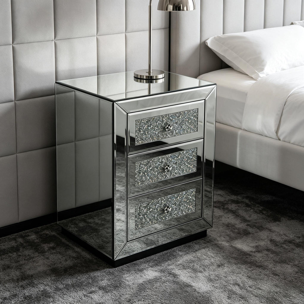 3 Drawer Nightstand With Glass Accents, Bedside Table For Bedroom - Silver