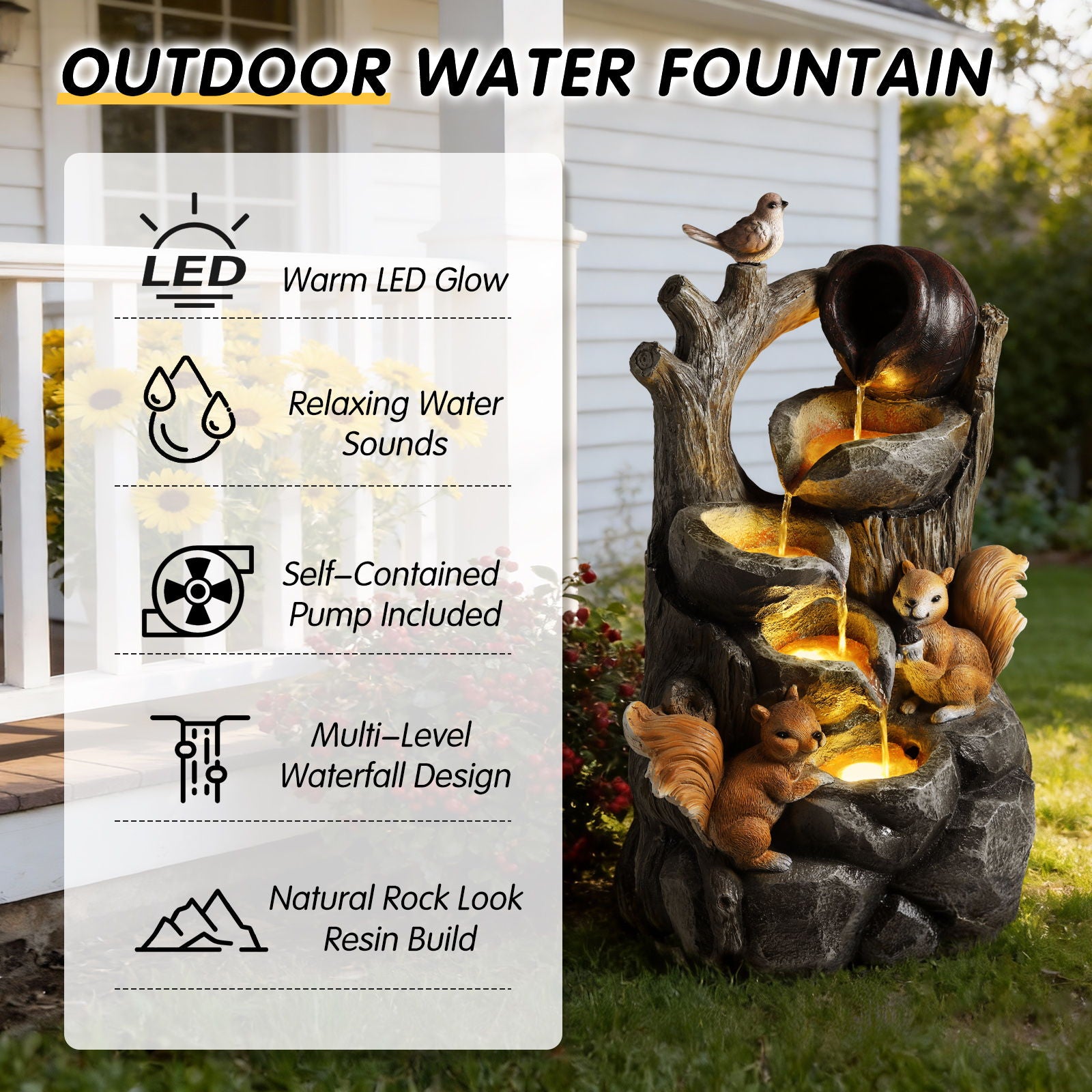 Outdoor Squirrel, Tiered Waterfall Fountain With LED Light For Patio - Gray