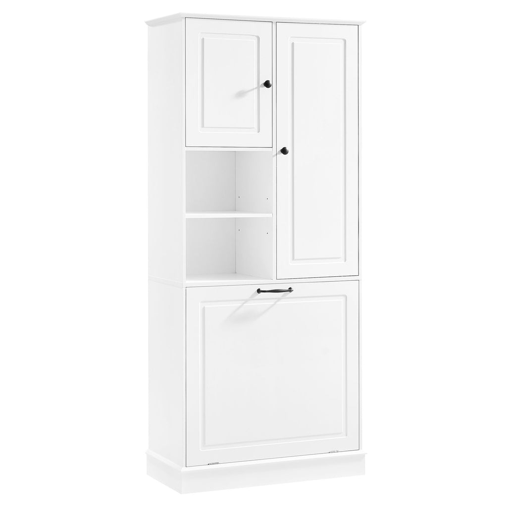 Modern Tall Storage Cabinet With Adjustable Shelves, Flip-Out Basket & Enclosed Doors