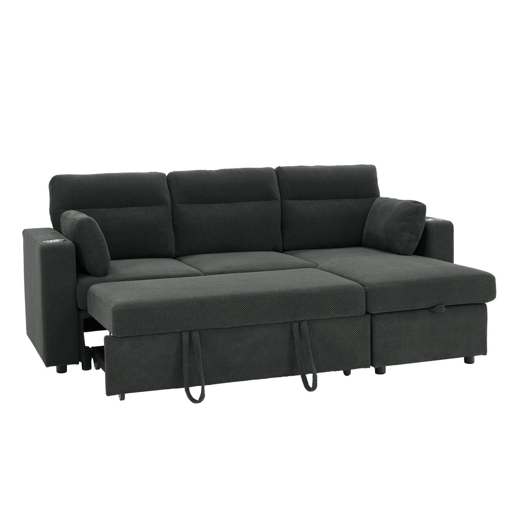 Convertible L - Shaped Sectional Sofa Bed With Storage Chaise, Cup Holders