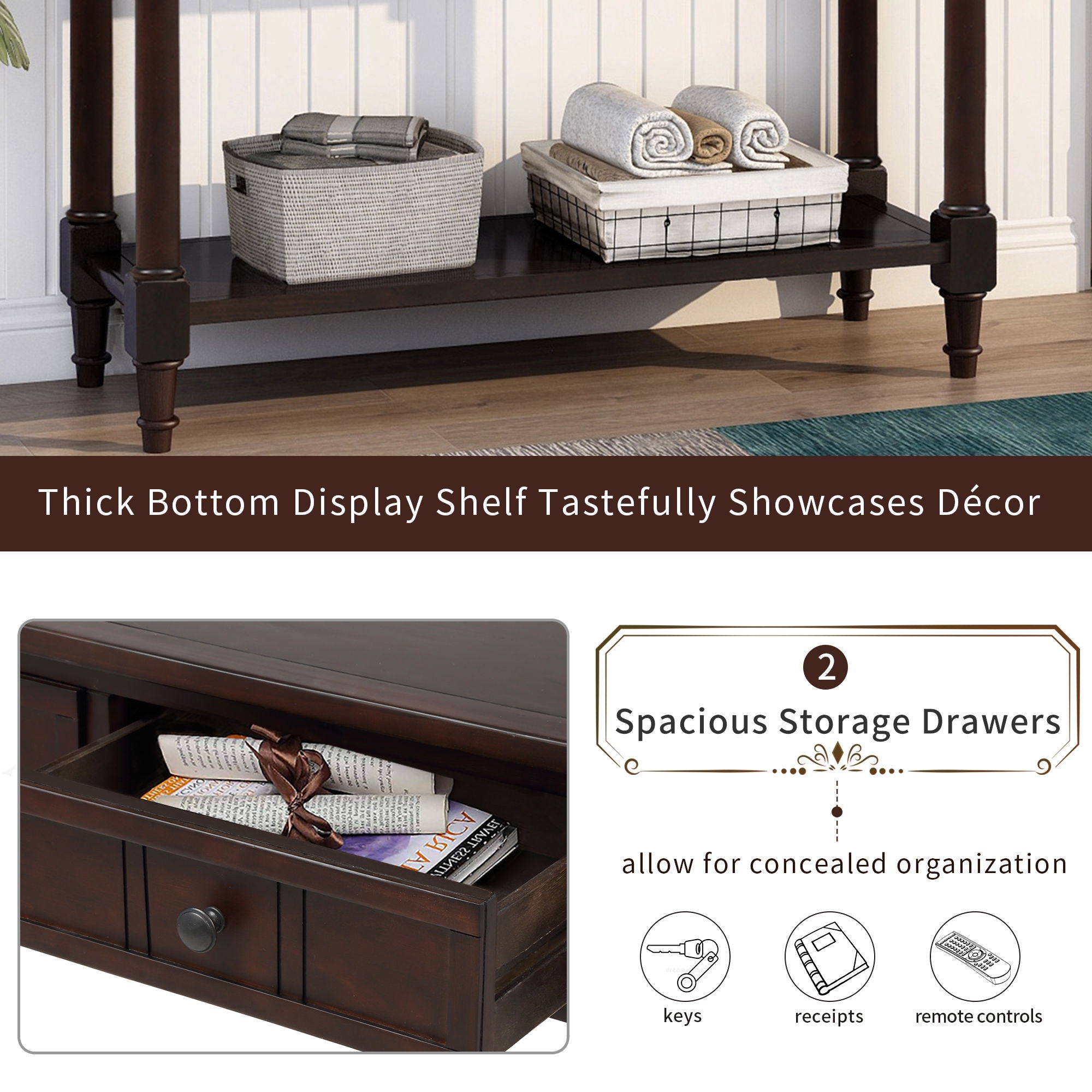 Hearth & Haven Emily Daisy - Console Table With 2 Drawers And Bottom Shelf - Espresso
