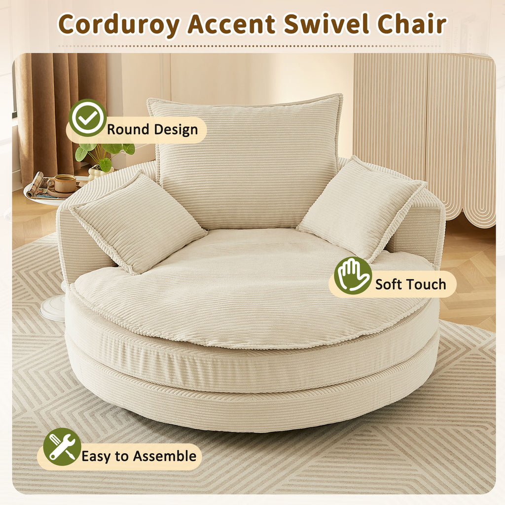 360° Swivel Accent Barrel Chair With Dual Layer Cushion And 3 Removable Pillows
