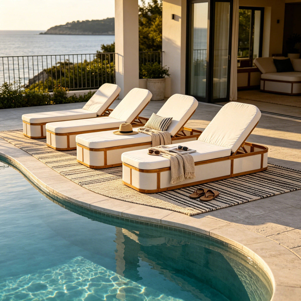 Chaise Lounge Set With 2 Fold Cushion, 3 Position Backrest - Beige / Cream / Teak
