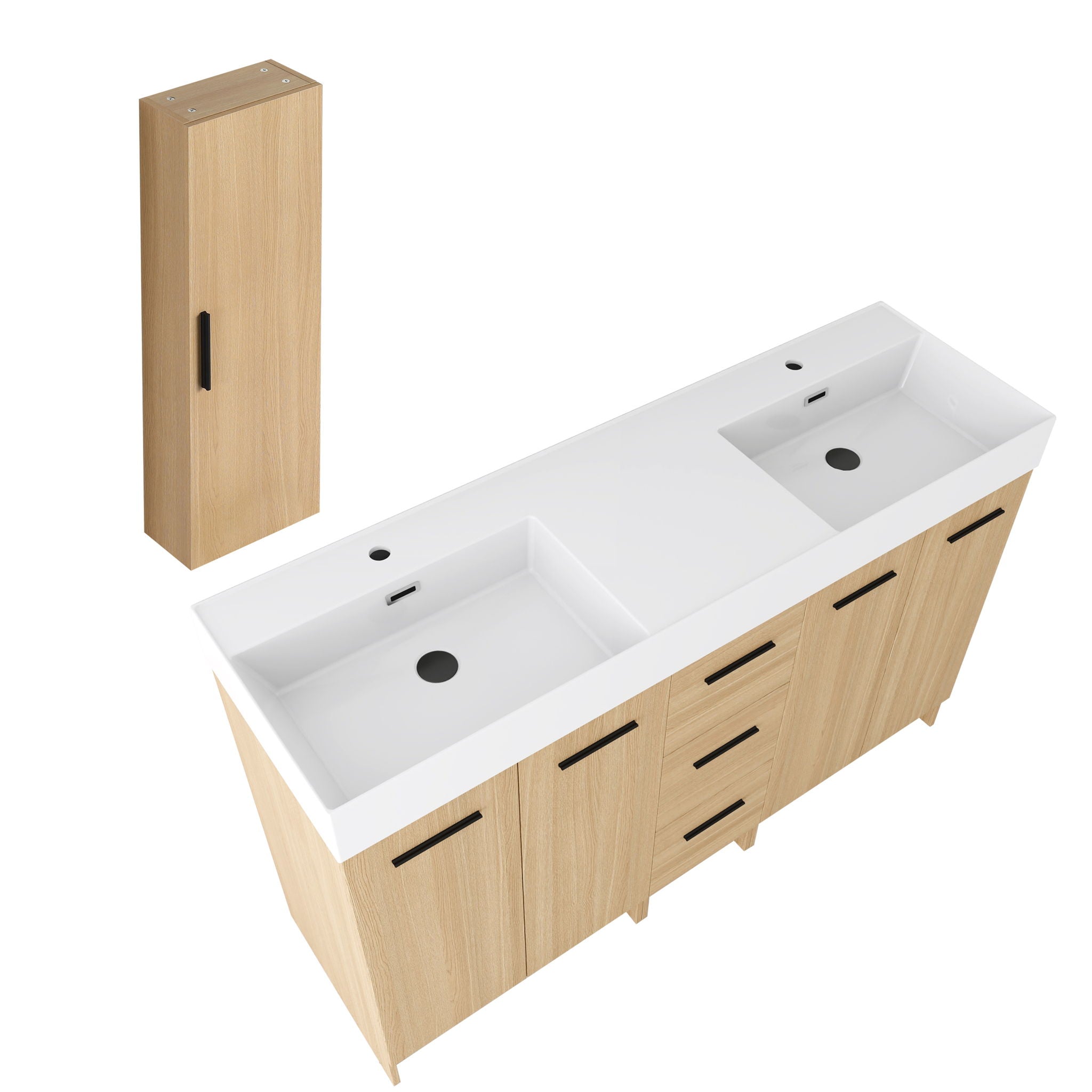 Double Sink Bathroom Vanity Set With Tall Linen Cabinet, 3 Drawers, Extra Large Storage, Integrated Sink, Freestanding Cabinet - Light Oak / White