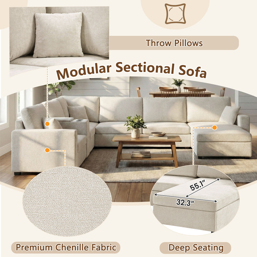 Modular 5 Seat U-Shape Sectional Sofa With Chaise Lounge, Built In Cup Holders And Storage Drawer