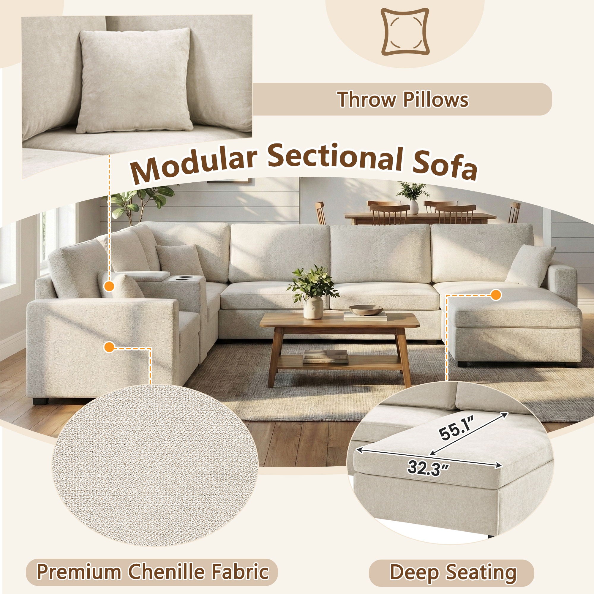 Modular 5 Seat U-Shape Sectional Sofa With Chaise Lounge, Built In Cup Holders And Storage Drawer