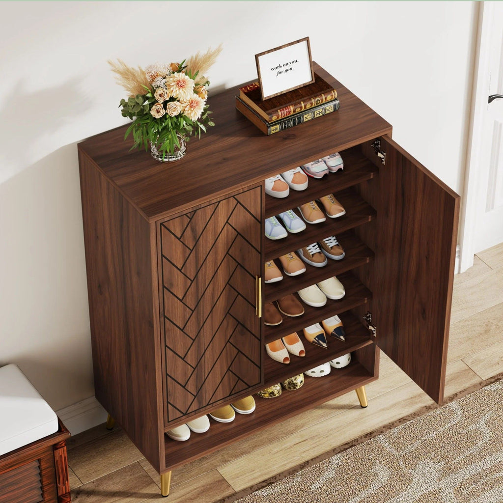 6 Tier Wooden Entryway Shoe Cabinet, Wide Storage Unit For 24 Pairs Of Shoes - Walnut