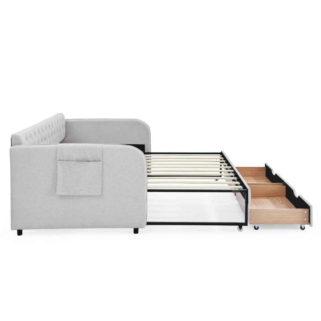 Daybed With Trundle And Storage Drawers, Flat Arms With Pocket