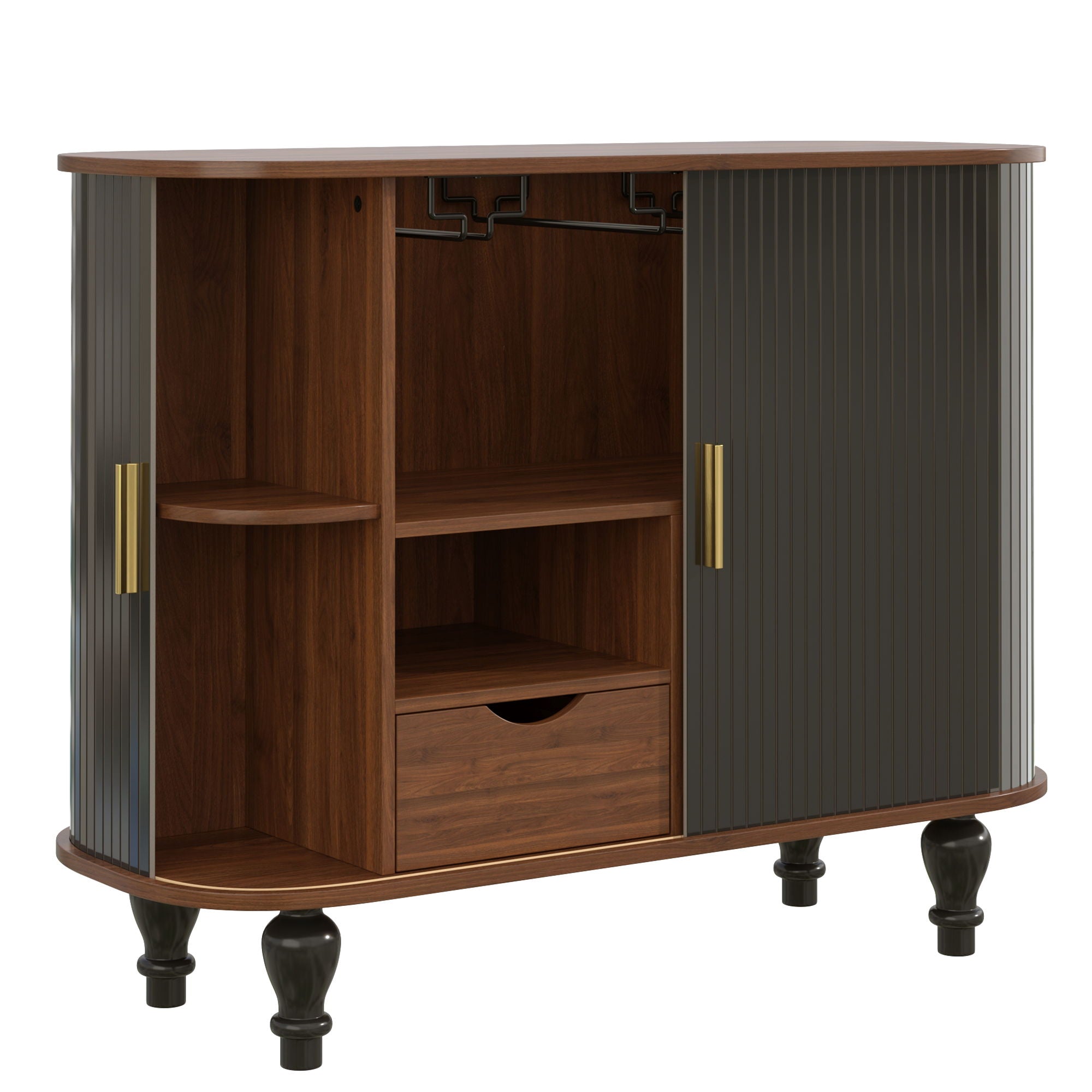 Fluted Liquor & Coffee Bar Cabinet With 6 Wine Racks And 3 Glass Holders